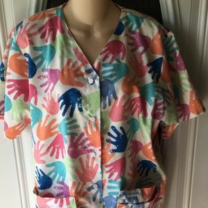 Landau Helping Hands Bright Colors Scrub Top SZ L